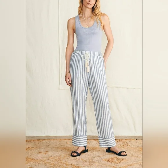 Faherty Blue Stripe Linen Blend Mid-Rise Drawstring Relaxed Pacific Beach Pant - Picture 4 of 12